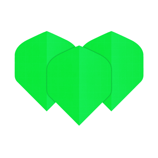 Nylon Fabric Flights N5 - Standard - Neon Green Das Bild zeigt drei neongrüne Nylon-Stoff Flights in der Form N5. Sie sind nebeneinander angeordnet und leuchten auffällig.