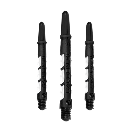 Das Bild zeigt drei Harrows Carbon ST Shafts in Weiß. Die Dartschäfte sind schwarz mit weißen Akzenten und dem Schriftzug "CARBON ST".