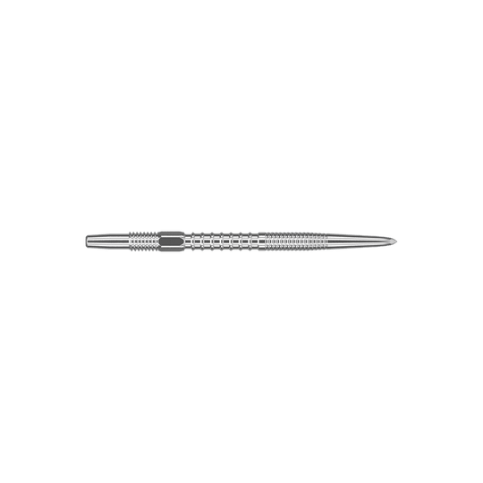 Target Swiss Firepoint Silver dart tips Das Bild zeigt eine silberne Dartspitze mit feinen Rillen. Sie ist lang, schlank und aus Metall gefertigt.