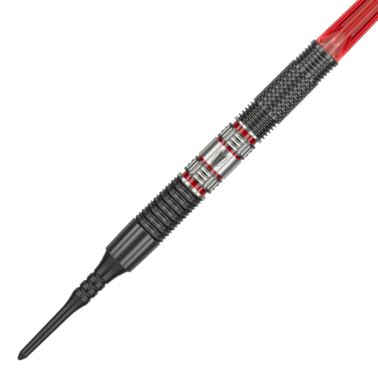 Target Gabriel Clemens 95K soft darts - 19g Das Bild zeigt einen Target Gabriel Clemens 95K Softdart mit einem Gewicht von 19 Gramm. Der Dart hat ein auffälliges Design mit silbernen, schwarzen und roten Elementen.