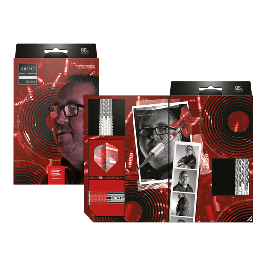 Target Stephen Bunting GEN5 Soft Darts - 18g Auf dem Bild ist die Verpackung der "Target Stephen Bunting GEN5 Softdarts - 18g" zu sehen. Die Verpackung zeigt ein Porträt von Stephen Bunting und mehrere Produktdetails vor einem roten, auffälligen Hintergrund.