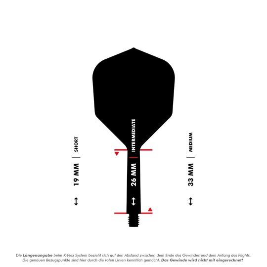 Target K-Flex Phil Taylor No2 Standard Flight Shaft System Das Bild zeigt eine Dart-Flightschafte mit Längenangaben in Millimetern. Es werden die drei Längen "Short" (19 mm), "Intermediate" (26 mm) und "Medium" (33 mm) dargestellt.