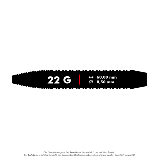 170007_Target_Dimitri_Van_Den_Bergh_Brass_Steeldarts_5_22g Das Bild zeigt die Abmessungen und das Gewicht des Produkts "Target Dimitri Van Den Bergh Brass Steeldarts - 22g". Der Dart hat ein Gewicht von 22 Gramm, ist 60,00 mm lang und hat einen Durchmesser von 8,50 mm.