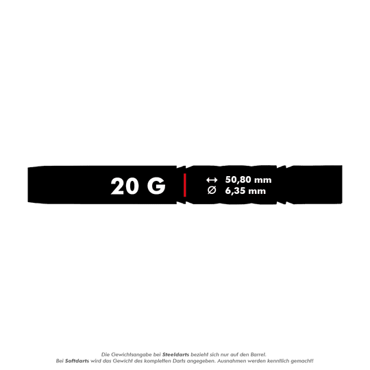 Das Bild zeigt den Red Dragon Gerwyn Price Avalanche Gold Softdart mit einem Gewicht von 20 Gramm. Die Länge beträgt 50,80 mm und der Durchmesser 6,35 mm.