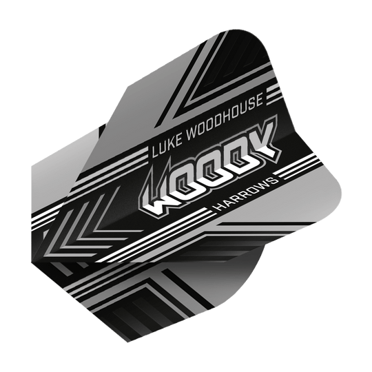 Auf dem Bild ist ein schwarzer Dartflight mit weißen und grauen Mustern zu sehen. Der Flight trägt die Aufschrift "Luke Woodhouse WOODY Harrows".