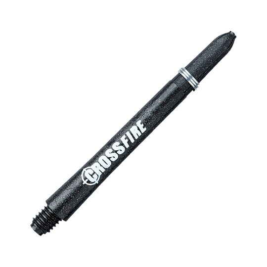 Das Bild zeigt einen schwarzen Dart-Schaft mit der Aufschrift "Crossfire". Es handelt sich um das Produkt "RedDragon Crossfire Carbon Fibre Shafts".