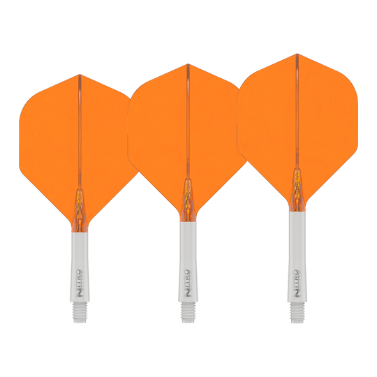 Red Dragon Nitroflite White Shaft Orange Flights No2 Das Bild zeigt das Produkt Red Dragon Nitroflite White Shaft Orange Flights No2. Es handelt sich um einen weißen Dart-Schaft mit orangefarbenen Flights.