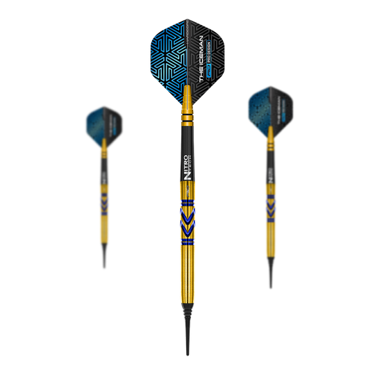 Red Dragon Gerwyn Price Avalanche Gold Softdarts - 20g Das Bild zeigt die "Red Dragon Gerwyn Price Avalanche Gold Softdarts - 20g". Die Darts haben einen goldenen Schaft mit blauen Akzenten und schwarze Flights mit blauem Muster.