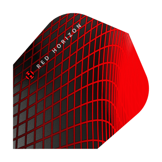 Das Bild zeigt die Harrows Prime Red Horizon No6 Flights. Das Design ist schwarz mit einem auffälligen roten Gittermuster und dem Schriftzug "RED HORIZON".