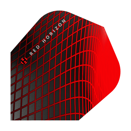 HR69_Harrows_Prime_Red_Horizon_No6_Flights_1Ib8zjFOVkw42U Das Bild zeigt die Harrows Prime Red Horizon No6 Flights. Das Design ist schwarz mit einem auffälligen roten Gittermuster und dem Schriftzug "RED HORIZON".