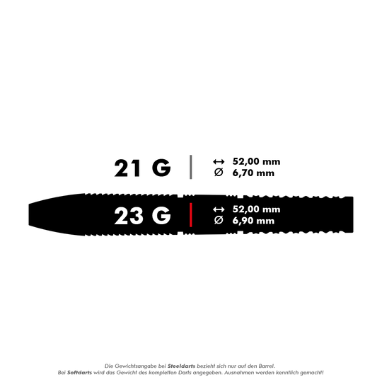 Target Gabriel Clemens GEN2 Swiss Point steel darts Das Bild zeigt die Spezifikationen von zwei Steeldarts mit 21 Gramm und 23 Gramm Gewicht. Beide Darts sind 52,00 mm lang, aber der Durchmesser beträgt 6,70 mm bzw. 6,90 mm.