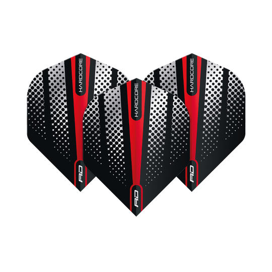 Das Bild zeigt drei Dart-Flights des Produkts "Red Dragon Hardcore Radical Red Flash Standard Flights". Die Flights sind schwarz mit weißen Punkten und roten Streifen gestaltet.