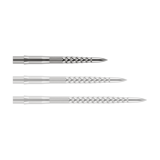 Mission Caliburn EVO dart tips - Ripple - Silver Das Bild zeigt drei silberne Steeldartspitzen, die nebeneinander liegen. Sie haben eine geriffelte Struktur und laufen vorne spitz zu.
