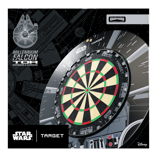Auf dem Bild ist das Target Star Wars Millennium Falcon Surround Board Bundle zu sehen. Das Produkt richtet sich an Fans von Star Wars und Darts.