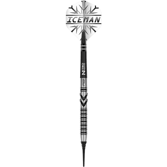 Das Bild zeigt einen Red Dragon Gerwyn Price Thunderbolt Softdart mit 20 Gramm Gewicht. Auf dem Dart steht "ICEMAN" und er hat ein silber-schwarzes Design.