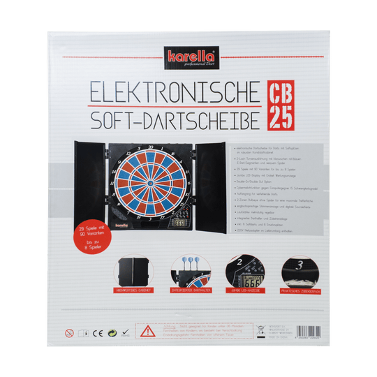 Die Abbildung zeigt die Verpackung der elektronischen Soft-Dartscheibe CB 25 von Karella. Auf der Vorderseite sind Produktmerkmale und Bilder der Dartscheibe mit Zubehör abgebildet.