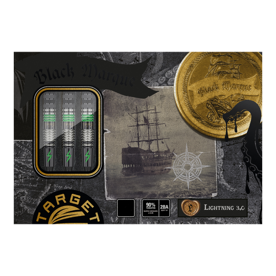 Target Japan Black Marque Lightning 3 Soft Darts - 19g Das Bild zeigt die Verpackung der Target Japan Black Marque Lightning 3 Softdarts mit 19 Gramm Gewicht. Auf der Verpackung sind drei Dartpfeile, ein altes Schiff und ein goldener Münz-Aufdruck abgebildet.