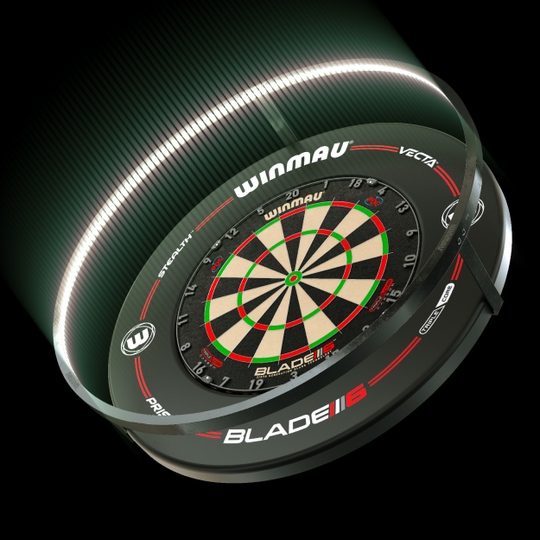 BUNDLE Winmau Plasma LED lighting and surround Das Bild zeigt das Winmau Plasma LED Beleuchtung und Surround Bundle mit einer beleuchteten Dartscheibe. Die LED-Leiste sorgt für optimale Ausleuchtung und ein modernes Design.