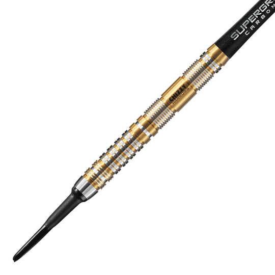 Harrow's Dave Chisnall Chizzy Series 2 soft darts Das Bild zeigt einen Harrows Dave Chisnall Chizzy Series 2 Softdart. Der Dartpfeil hat ein auffälliges Design mit goldenen und silbernen Ringen entlang des Barrels.