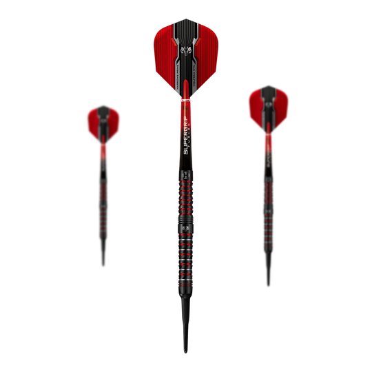 Harrows Wolfram Infinity 97% Tungsten Soft Darts Das Bild zeigt drei Harrows Wolfram Infinity 97% Tungsten Softdarts. Die Darts haben ein auffälliges Design in Schwarz und Rot.