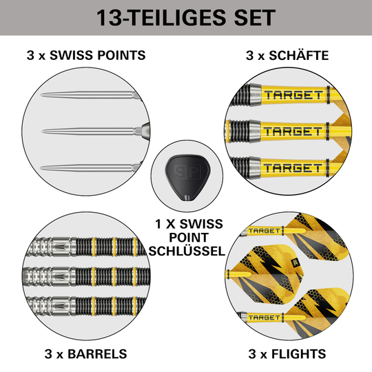 Target Buzz 02 Swiss Points steel darts Das Bild zeigt die Target Buzz 02 Swiss Points Steeldarts. Die Steeldarts werden aus einer anderen Perspektive vorgestellt.