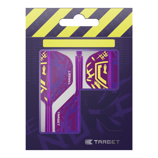 Die Abbildung zeigt die "Target K-Flex Luke Littler World Champion 2025 No2 Standard Flights" in einer Verpackung. Die Flights sind lila mit gelben Akzenten und dem Target-Logo gestaltet.