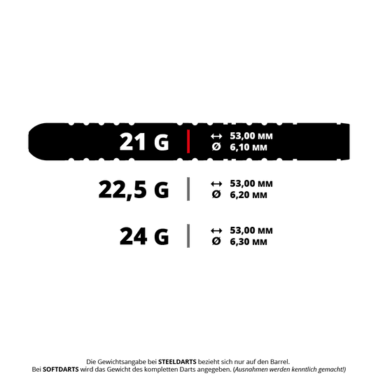 Das Bild zeigt die Gewichts- und Maßangaben für Winmau Michael Van Gerwen Evo-X Steeldarts in den Varianten 21 g, 22,5 g und 24 g. Die Längen und Durchmesser der Dartbarrels sind jeweils angegeben.