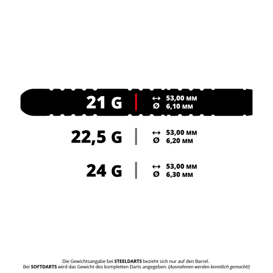 Winmau Michael Van Gerwen Evo-X steel darts Das Bild zeigt die Gewichts- und Maßangaben für Winmau Michael Van Gerwen Evo-X Steeldarts in den Varianten 21 g, 22,5 g und 24 g. Die Längen und Durchmesser der Dartbarrels sind jeweils angegeben.