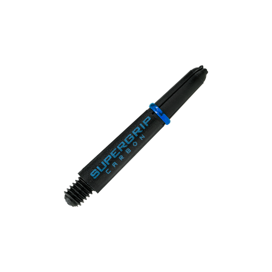 HR363_Harrows_Supergrip_Carbon_Shafts_Aqua_33mm_2 Das Bild zeigt einen Harrows Supergrip Carbon Shaft in der Farbe Aqua. Der Schaft ist überwiegend schwarz mit blauen Akzenten und der Aufschrift "SUPERGRIP CARBON".
