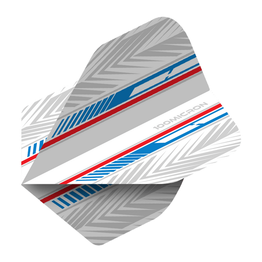 Pentathlon Flights white/blue/red Das Bild zeigt einen Pentathlon White Blue Red No2 Standard Flight für Darts. Das Design besteht aus weißen, blauen und roten Streifen mit silbergrauen Mustern.