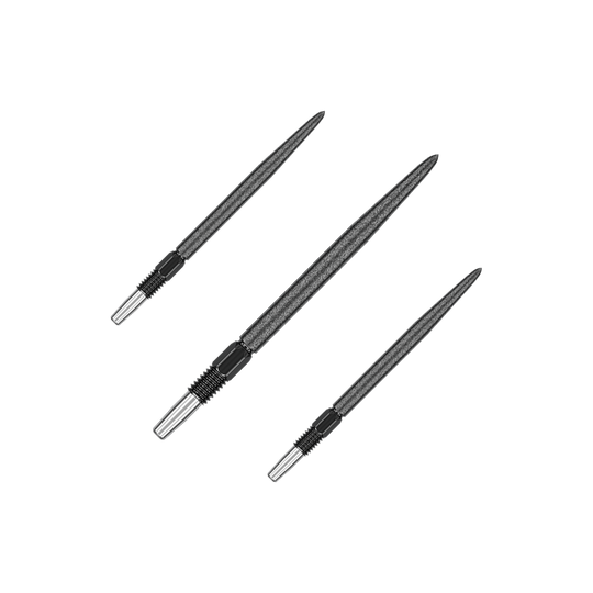 Target Swiss Point SLK dart tips - Black Das Bild zeigt drei schwarze Dartspitzen, die nebeneinander angeordnet sind. Die Spitzen sind schlank und haben eine gerillte Oberfläche am unteren Ende.