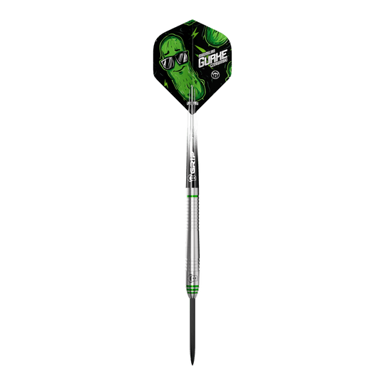 Hier sieht man die Bulls Max Czerwinski Gurke Steeldarts mit 23g. Die Darts zeichnen sich durch ihre besondere Form und Verarbeitung aus.