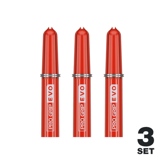 Das Bild zeigt drei rote Target Pro Grip EVO Ersatztops für Dartpfeile. Unten rechts steht "3 Set", was auf drei Sets in der Packung hinweist.