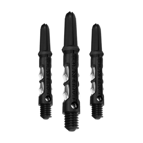 Das Bild zeigt drei klare Harrows Carbon ST Shafts. Sie sind schwarz mit silbernen Akzenten und eignen sich für Dartpfeile.