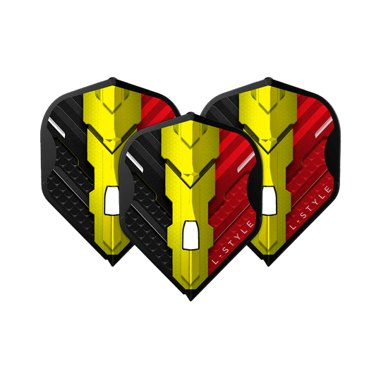 L-Style V-Series V1 Type C Belgium Black L1PRO Flights Das Bild zeigt drei Dart Flights des Modells "L-Style V-Series V1 Type C Belgium Black L1PRO". Die Flights sind in den Farben Schwarz, Gelb und Rot gestaltet und tragen das Logo "L-STYLE".