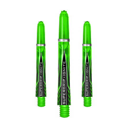 Das Bild zeigt drei grüne Harrows Supergrip Ignite Shafts. Sie sind nebeneinander angeordnet und haben ein modernes, transparentes Design mit schwarzer und silberner Beschriftung.