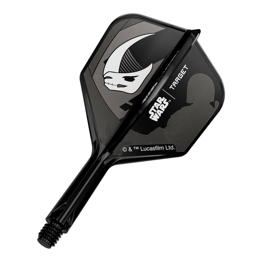 Target Star Wars K-Flex Set Mandalorian No6 Flights Abgebildet ist ein Motiv mit Mandalorianer-Rüstung, inspiriert von Star Wars. Das Design ist auf einem No6 Flights 19 mm Dart-Flügel zu sehen.