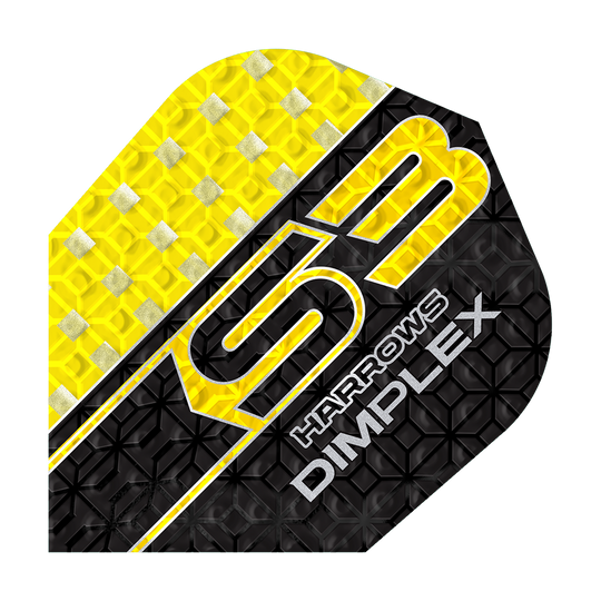 Harrows Dimplex S3 Flights - Yellow Das Bild zeigt das Produkt "Harrows Dimplex S3 Flights - Gelb". Das Flight ist gelb und schwarz mit silbernen Details und einem strukturierten Muster gestaltet.