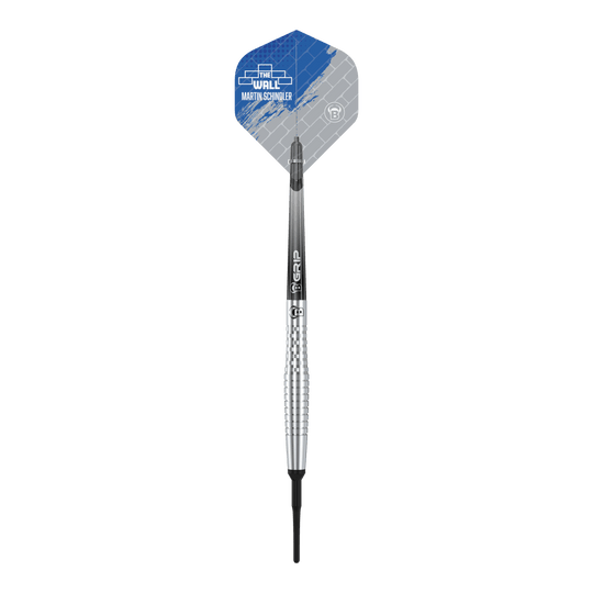 Bulls Martin Schindler Original Generation 2 soft darts Das Bild zeigt einen Bulls Martin Schindler Original Generation 2 Softdart. Der Dartpfeil hat ein silbernes, geriffeltes Barrel und ein Flight mit blau-grauem Design.