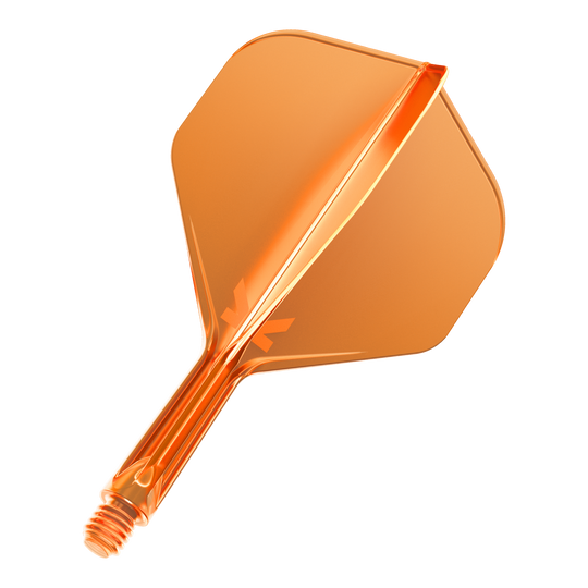Target K-Flex No2 Standard Flight System - Neon Orange Dies ist ein neonorangefarbener Dartflight mit einem integrierten Schaft. Er hat eine glänzende Oberfläche und eine standardisierte Form.