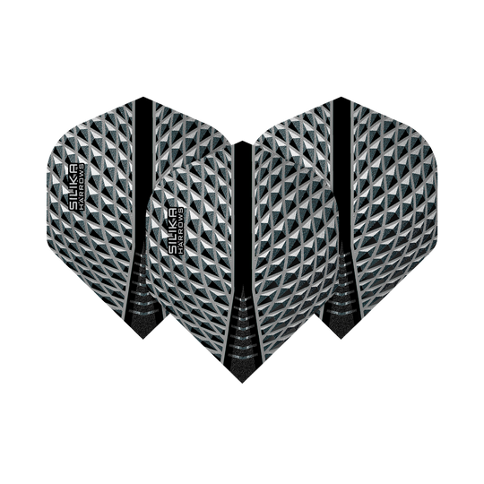 HR85_Harrows_Silika_Smokey_No2_Standard_Flights_1wn8mlLTC5gFov Das Bild zeigt die Harrows Silika Smokey No2 Standard Flights. Sie haben ein silber-schwarzes, geometrisches Muster mit dem Schriftzug "Silika Harrows".