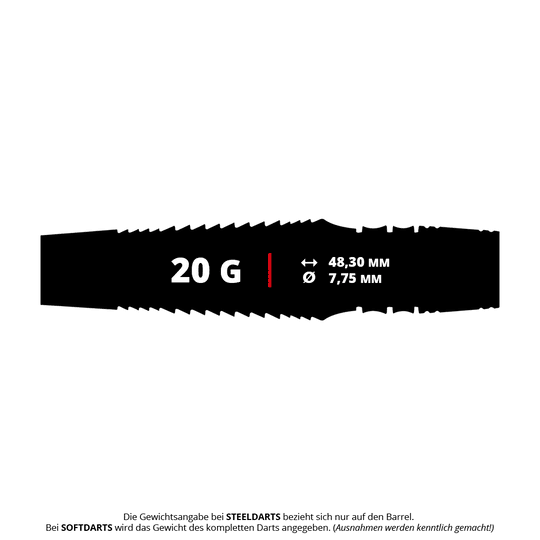 Winmau Sniper Black 2025 soft darts - 20g Das Bild zeigt einen schwarzen Dart-Barrel mit der Aufschrift "20 G" und den Maßen 48,30 mm Länge sowie 7,75 mm Durchmesser. Es handelt sich um das Produkt "Winmau Sniper Black 2025 Softdarts - 20g".