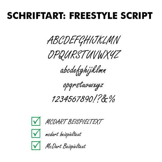 Flightdruck_Schriftart_Freestyle_Script Das Bild zeigt die Schriftart "Freestyle Script" mit Beispielen für Groß- und Kleinbuchstaben, Zahlen und Sonderzeichen. Unten sind verschiedene Beispieltexte mit Häkchen dargestellt.