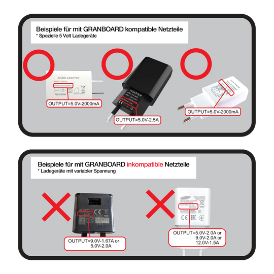GranBoard 132 Elektronisches Dartboard Das Bild zeigt, welche Netzteile mit dem GranBoard 132 Elektronisches Dartboard kompatibel oder inkompatibel sind. Oben werden geeignete 5V-Netzteile gezeigt, während unten Netzteile mit variabler Spannung als ungeeignet markiert sind.