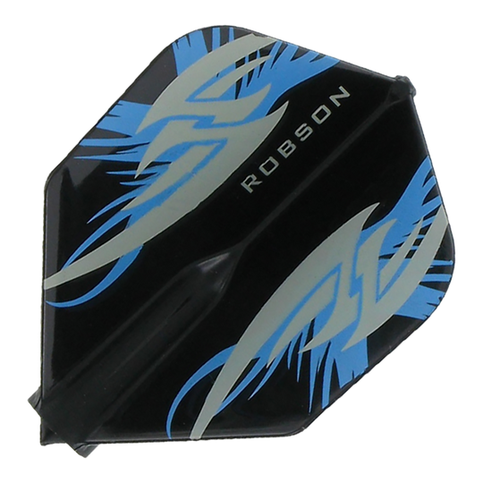 Robson Plus Flights Standard Argo Black Das Bild zeigt ein schwarzes Dartflight mit blauen und silbernen Mustern. In der Mitte steht der Schriftzug "ROBSON".