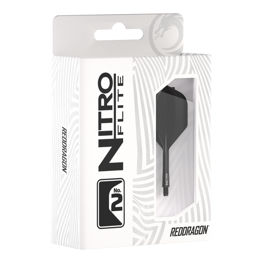 Red Dragon Nitroflite - Black Shaft Black No2 Flights Die Verpackung zeigt das Produkt "Red Dragon Nitroflite - Black Shaft Black No2 Flights". Im Sichtfenster ist ein schwarzer Dart-Schaft mit schwarzem Flight zu sehen.