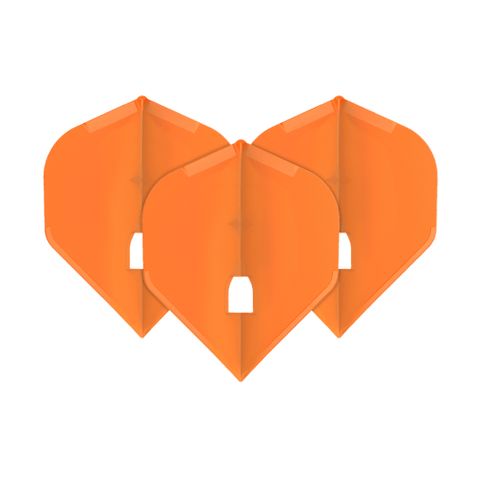 L-Style Flights Champagne - L1PRO Standard Das Bild zeigt drei orangefarbene Dart-Flights in Standardform. Sie sind ordentlich nebeneinander angeordnet und haben eine glänzende Oberfläche.