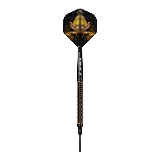 Mission Scorpion soft darts - 19g Das Bild zeigt einen Softdart namens "Mission Scorpion Softdarts - 19g". Auf dem Flight ist ein auffälliges Skorpion-Design in Gelb und Schwarz zu sehen.