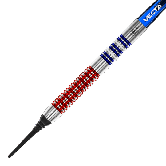 Winmau Garrett Rakowski soft darts - 20g Auf dem Bild ist ein Softdart des Modells "Winmau Garrett Rakowski Softdarts - 20g" zu sehen. Der Dart hat ein auffälliges Design mit roten und blauen Ringen auf dem silbernen Barrel.