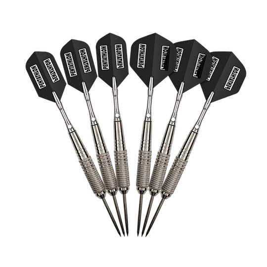 MCST-5_McDart_12er_Steeldarts_3 Auf dem Bild sind zwölf Steeldarts der Marke McDart zu sehen. Die Darts haben silberne Spitzen und schwarze Flights.